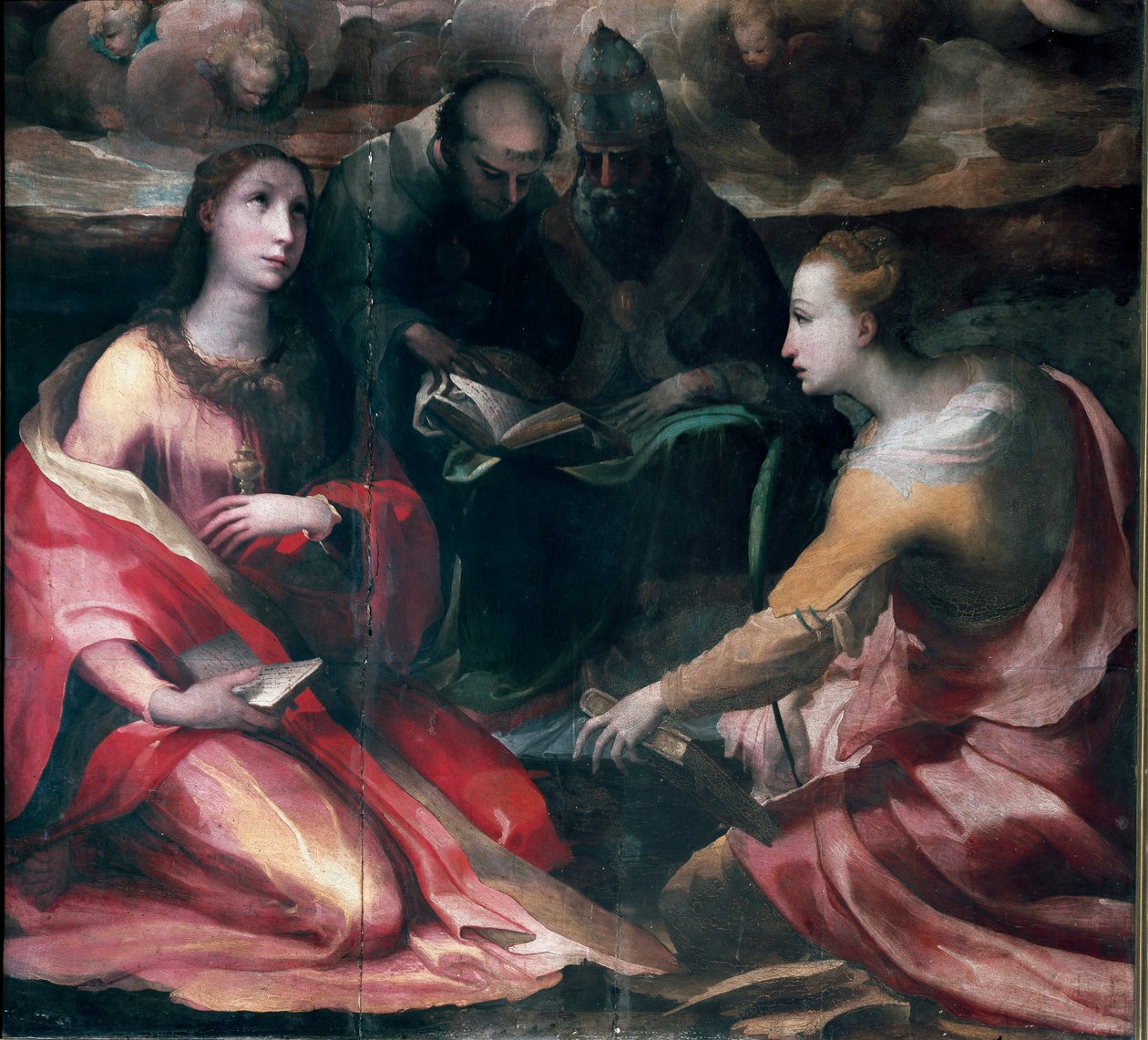 Kristus korunující Pannu Marii a Čtyři světci, detail: Svatá Máří Magdaléna, Svatý Antonín Paduánský (san antonio di padova), Papež Saint Gregoire I nebo Velká a svatá Kateřina Alexandrijská. Obraz Domenica Beccafumiho (1486-1551) od Domenico Beccafumi