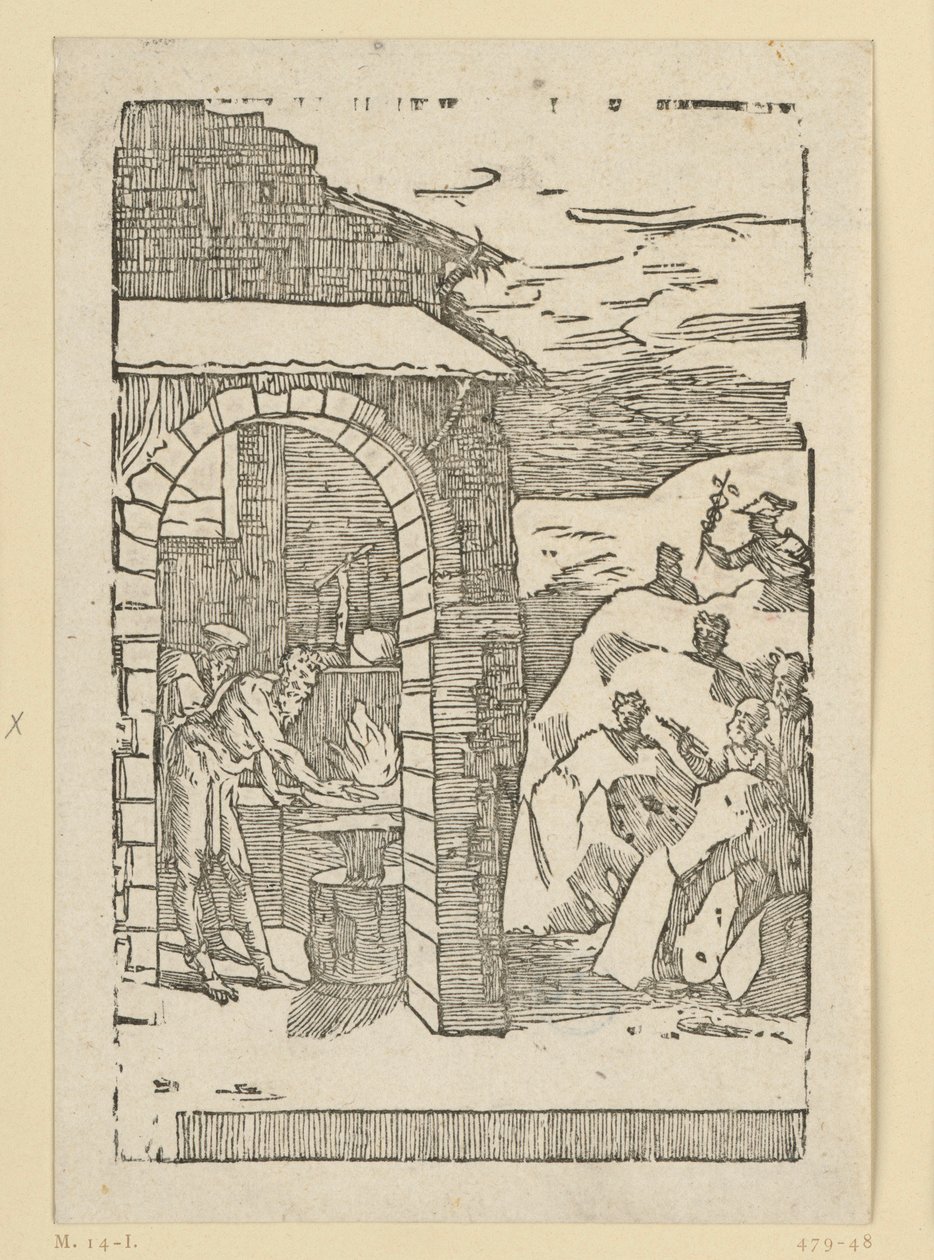 Volání kovů. Héfaistos (Vulcan) a učenec stojí u ohně v kovárně, zatímco venku ve skalách se skrývají bohové (jako zástupci kovů): Saturn (olovo), Jupiter (cín), Venuše (měď), Luna (stříbro), Merkur (rtuť od Domenico Beccafumi