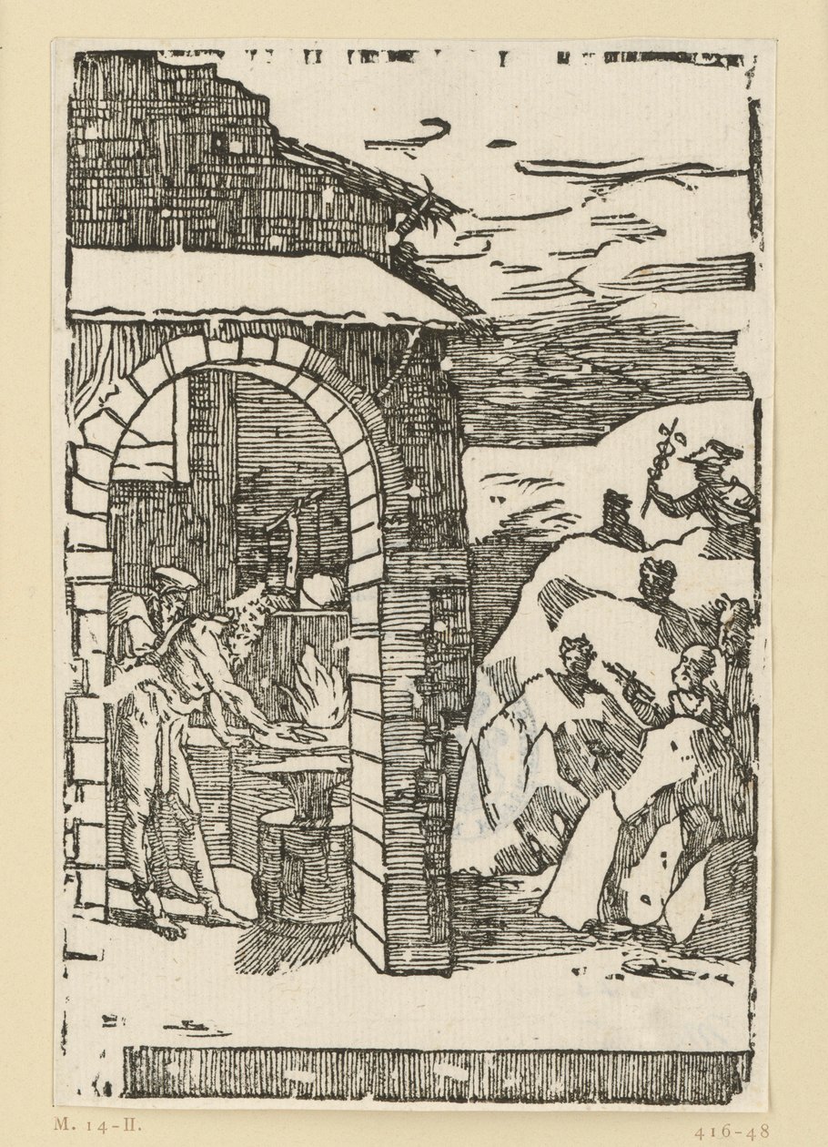 Volání kovů. Héfaistos (Vulcan) a učenec stojí u ohně v kovárně, zatímco venku ve skalách se skrývají bohové (jako zástupci kovů): Saturn (olovo), Jupiter (cín), Venuše (měď), Luna (stříbro), Merkur (rtuť od Domenico Beccafumi