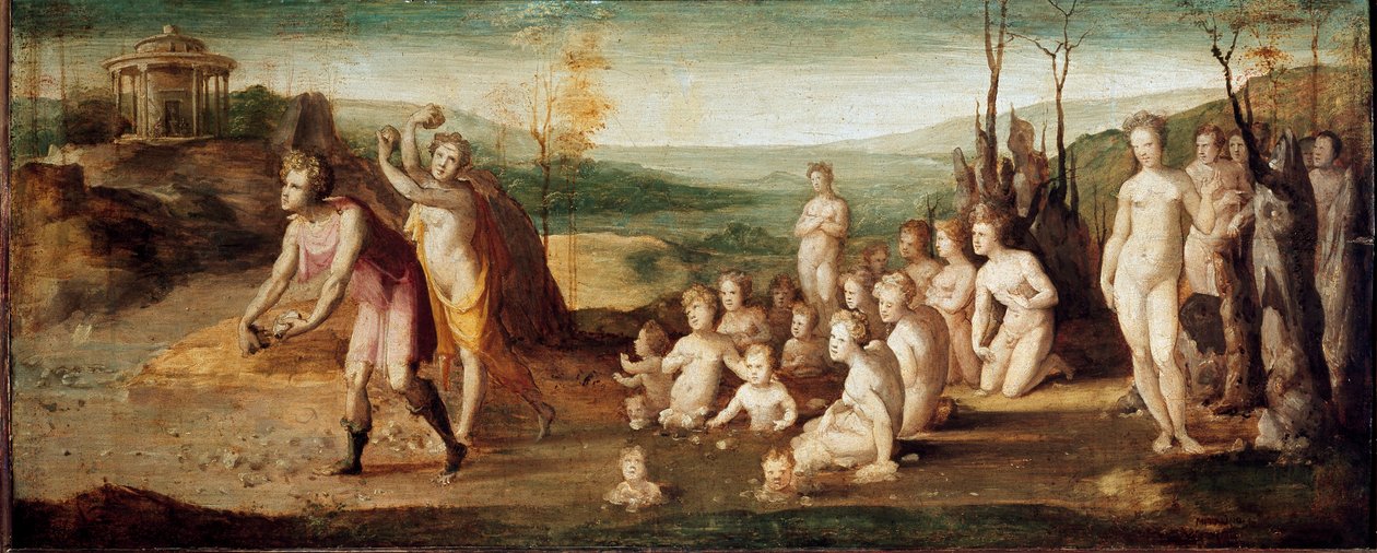 Deucalion a Pyrrha. Postavy z řecké mytologie házejí kameny, z nichž se po potopě rodí lidské bytosti. Obraz Domenica Beccafumiho (1486-1551), cca 1525-1530. dřevo. Rozměr: 53 x 134 cm. Itálie, Florencie, Horne Foundation (Firenze, Fondazione H od Domenico Beccafumi