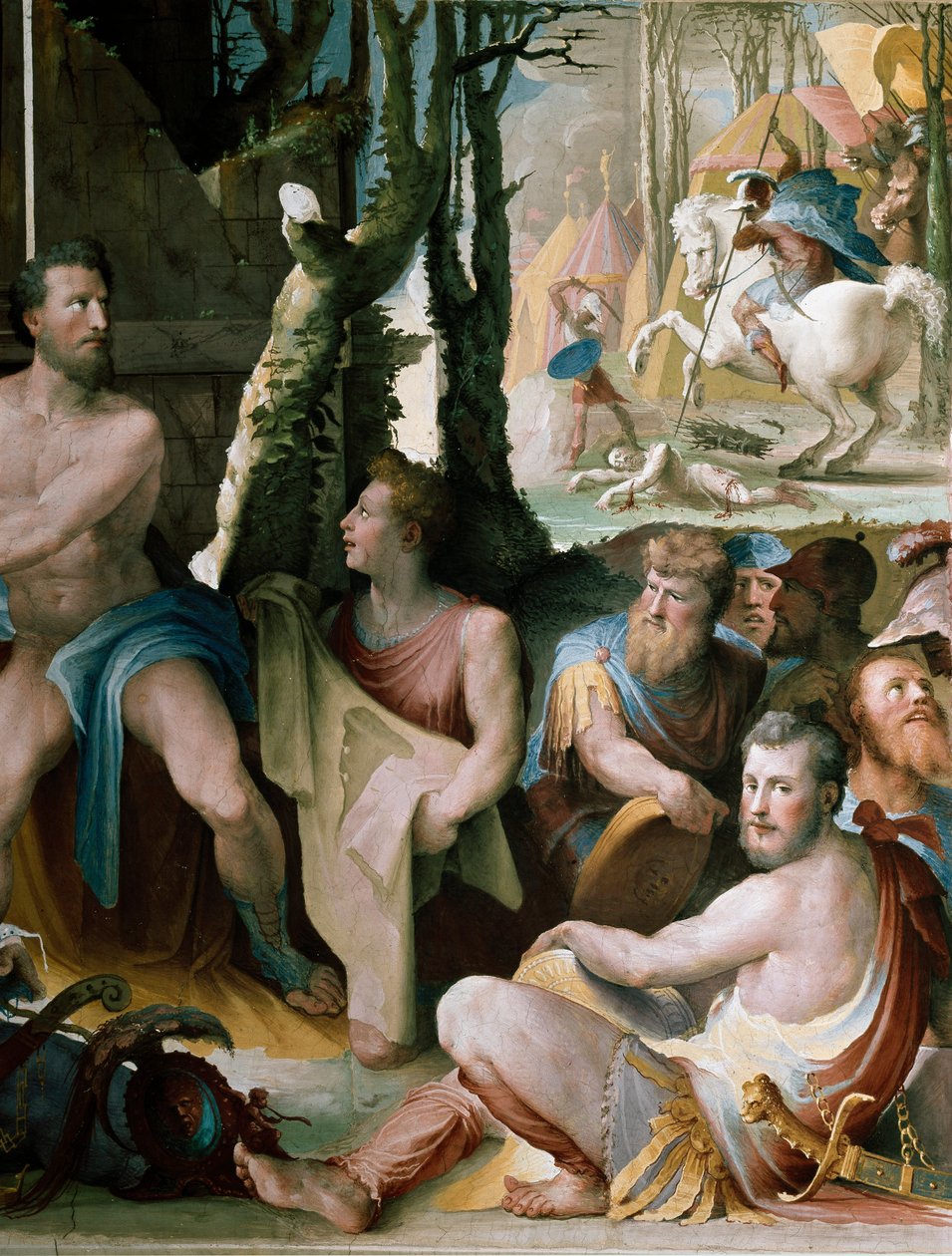 Frísko: oběť athénského krále Codros, detail. Řecká mytologie: Codros (nebo Codrus), který se od věštce dozvěděl, že výhoda války mezi Doriany a Athéňany bude patřit těm, jejichž vůdce bude zabit, dobrovolně pohlcen od Domenico Beccafumi
