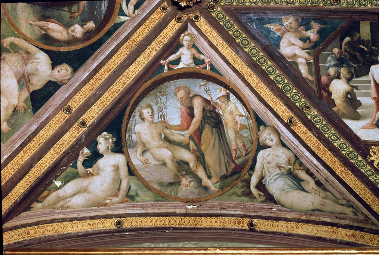Promethee stvořil muže pod pohledem Merkura držícího listnatého a na hlavě helmu a křídla v sandálech Freska od Domenica Beccafumiho (1486-1551) od Domenico Beccafumi