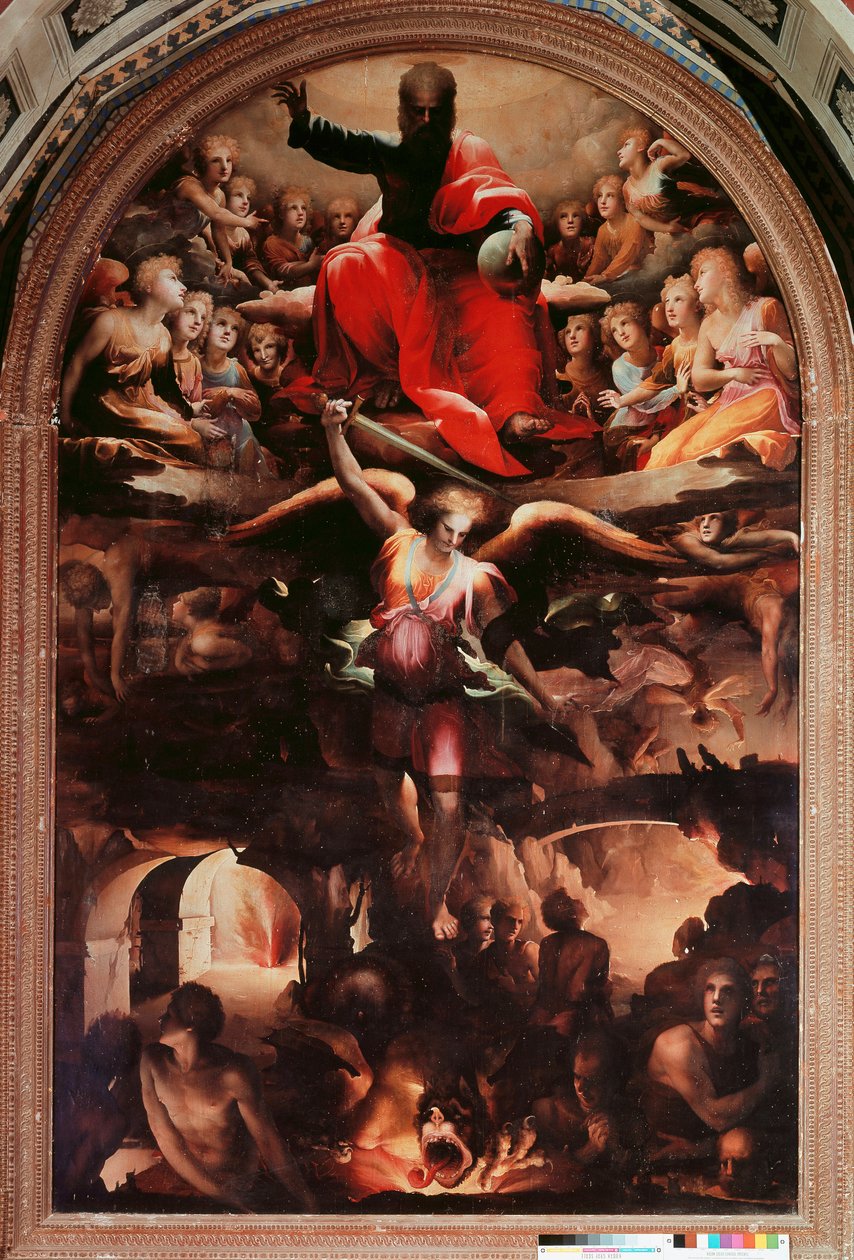 Saint Michael Chasing Rebel Angels Malba od Domenica Beccafumiho (1486-1551) 1526-1530 cca. Slunce. Rozměry 348 x 225 cm. Siena, Chiesa di San Niccolo al Carmine od Domenico Beccafumi