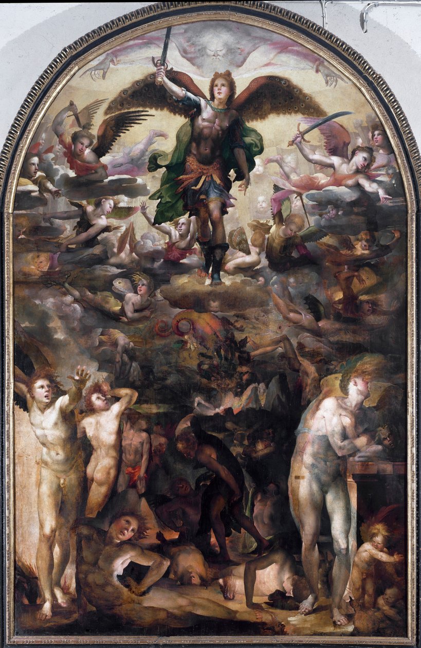 Svatý Michael honí rebelující anděly (Pád rebelujících andělů). Obraz Domenica Beccafumiho (1486-1551) od Domenico Beccafumi