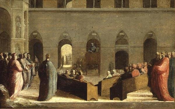 Sv. Bernadino káže v Campo v Sieně, kolem roku 1528 od Domenico Beccafumi