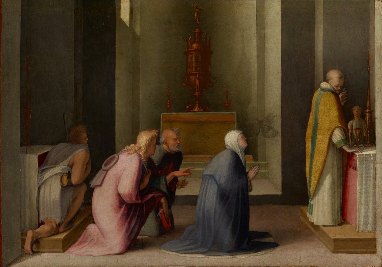 Zázračné přijímání svaté Kateřiny Sienské, kolem 1513-15 (olej a plátkové zlato na panelu) od Domenico Beccafumi