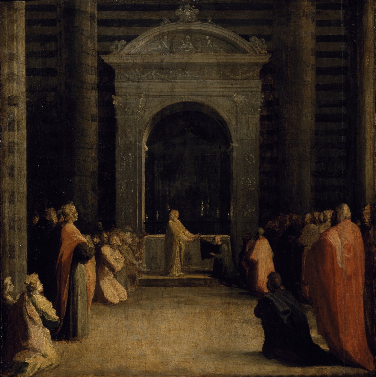 Obětování klíčů města Siena Panně Marii, v roce 1526 nebo později (olej na papíře na dřevěné desce) od Domenico Beccafumi