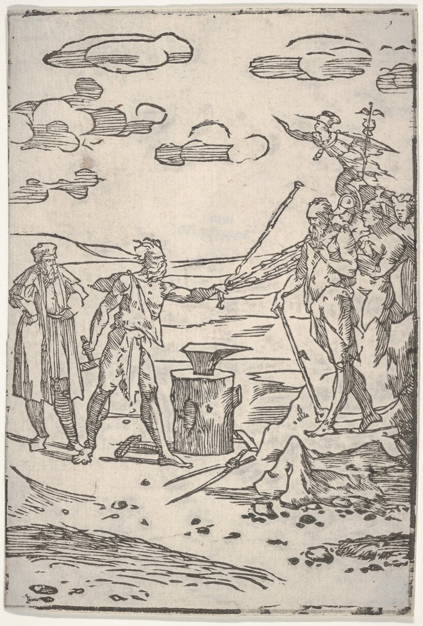 Padělatel stojící u kovadliny táhnoucí muže v řetězech, ze série The var..., ca. 1540-1550. od Domenico di Pace Beccafumi  