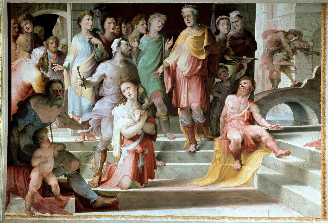 Oběť Seleuca de Locres (Seleucus de Locride) Seleucos, aby oslepil svého syna, aby ho potrestal za znásilnění, kterého se dopustil, raději zemře jedno ze svých očí. Freska od Domenica di Giacomo di Pace dit Beccafumi (1486-1551) 1529-1535 Siena, Pala od Domenico Beccafumi