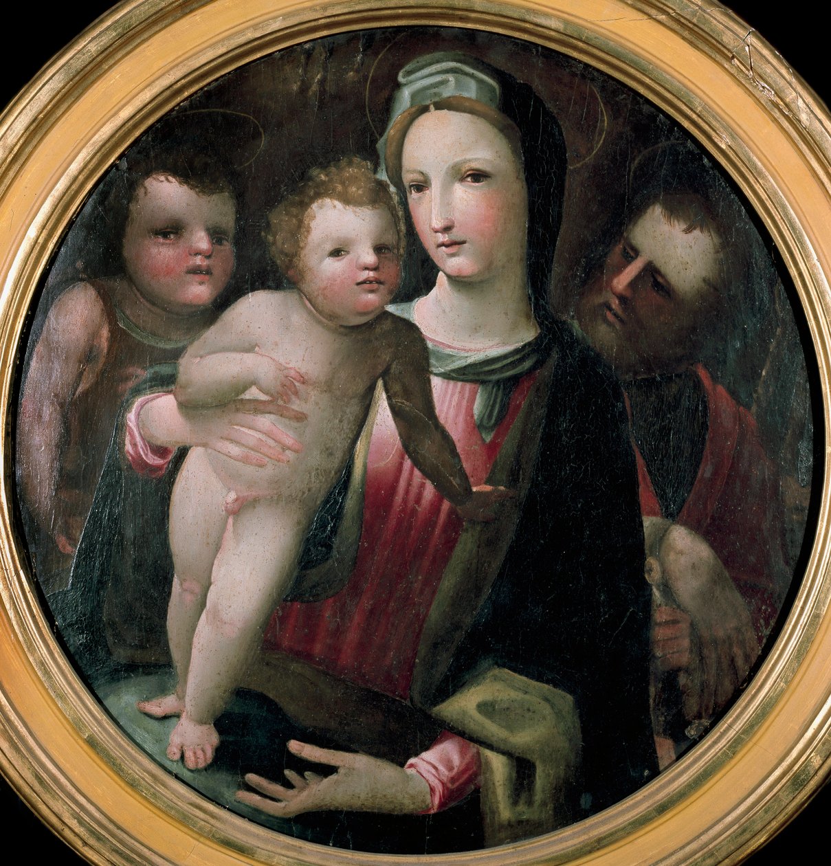 Tondo Svaté rodiny s dítětem svatého Jana Křtitele. Obraz připisovaný Domenicu Beccafumimu (1486-1551). Dřevo. Průměr: 60 cm. Siena, Collezione Chigi-Saracini od Domenico Beccafumi