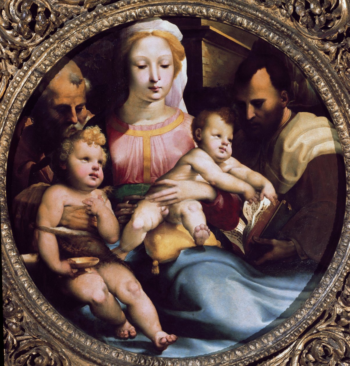 Tondo zastupující svatou rodinu se svatým Giovannim (svatým Janem Křtitelem) a dárcem. Obraz Domenica Beccafumiho (1486-1551) od Domenico Beccafumi