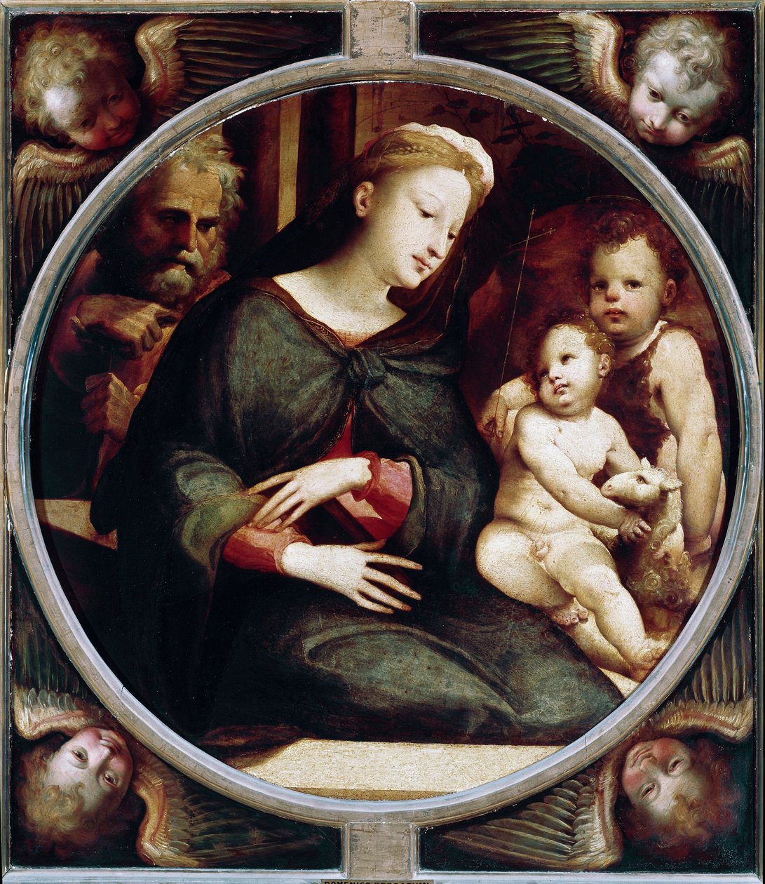 Tondo obklopuje anděly Svatou rodinou s dítětem svatého Jana Křtitele. Obraz Domenica Beccafumiho (1486-1551), cca 1521-1522. dřevo. Průměr: 88 cm. Itálie, Florencie, palác Pitti, galerie Palatine. Firenze, Palazzo Pitti, Galleria Palatina od Domenico Beccafumi