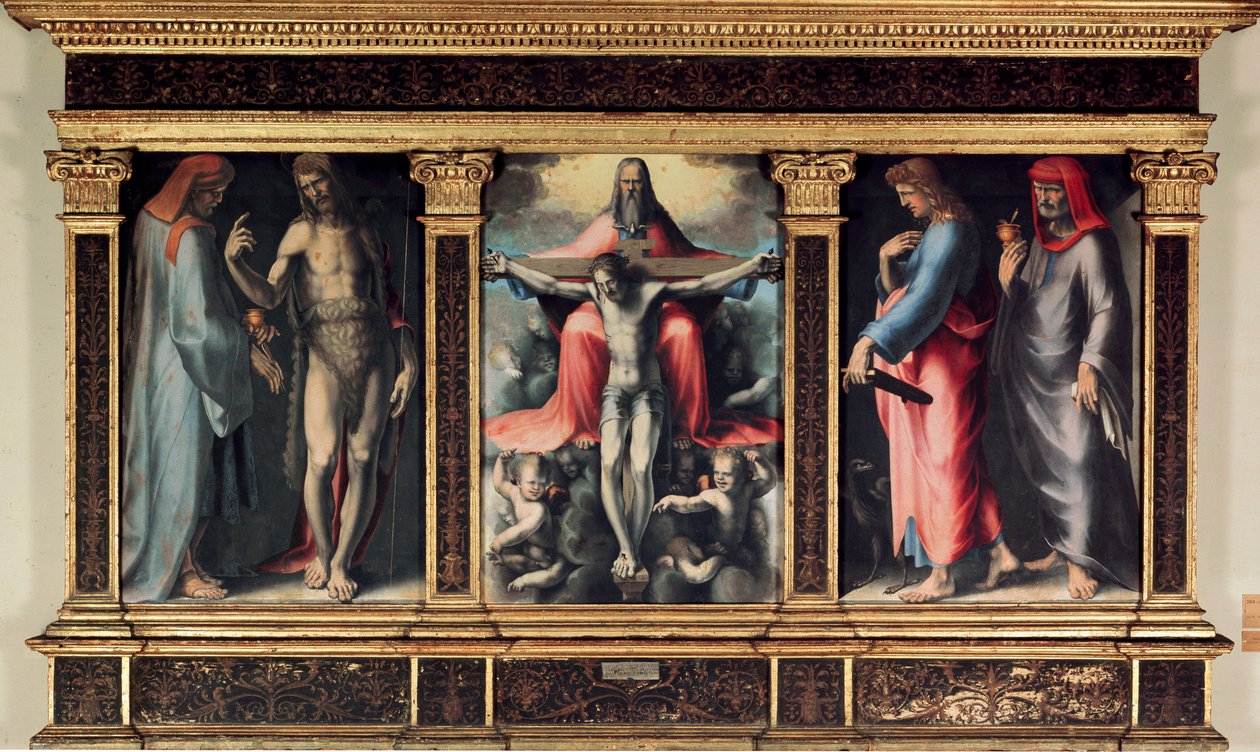 Triptych Trojice: Svatý Cosimo (Come or Cosimo), Saint John the Baptist, the Trinity, Saint John the Evangelist and Saint Damien. Vložení „“ INRI““ na kříž. Obraz Domenica Beccafumiho (1486-1551) od Domenico Beccafumi