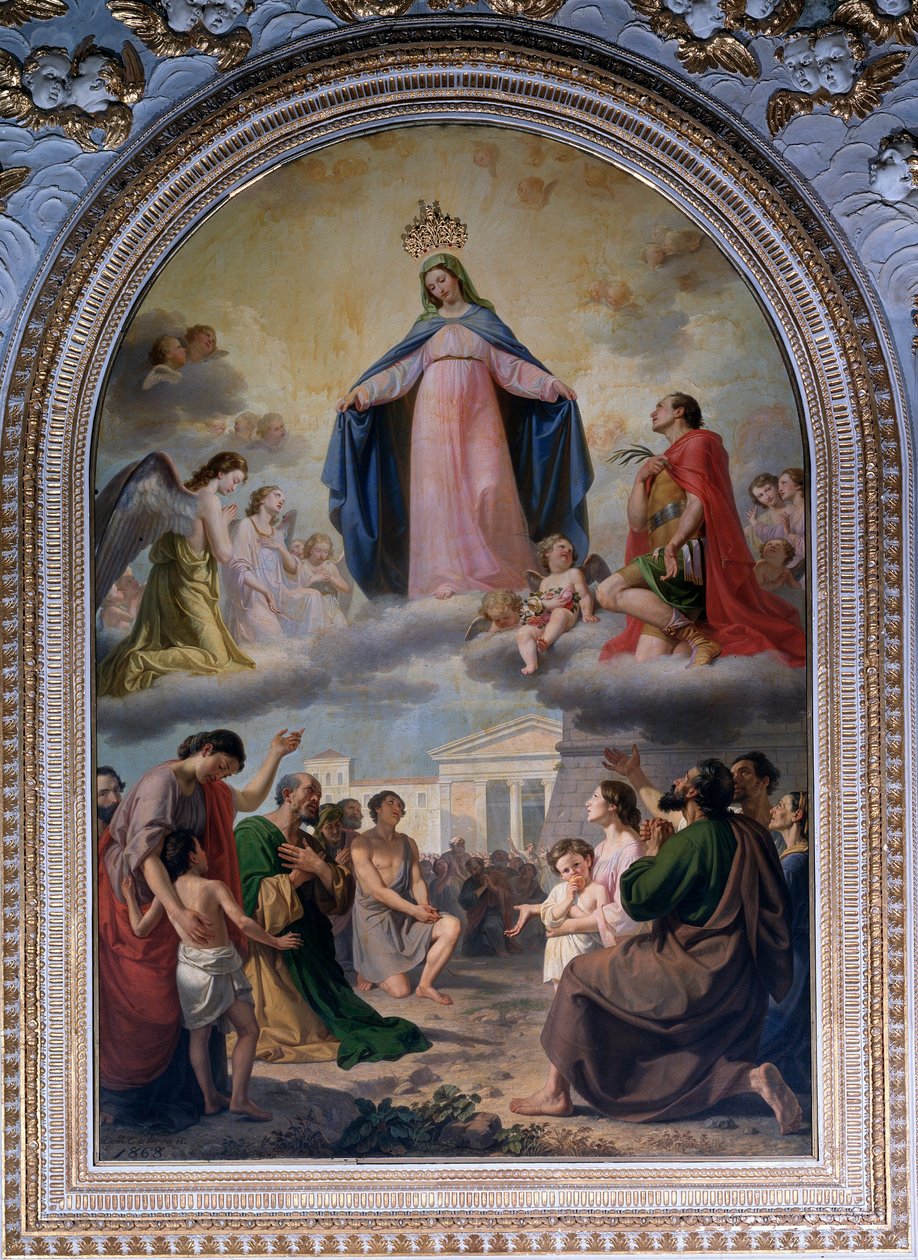Panny Marie z Raccomandati. Panna (se zdviženou korunou) Chránící obyvatelstvo v nouzi (olej na plátně od Domenico Caldara