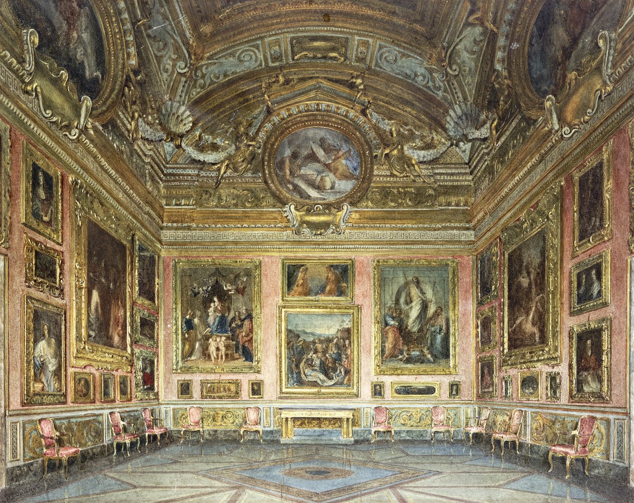 Interiéry Palazzo Pitti, Florencie: Sala di Saturno s Peruginovým „Nářkem“ lemované obrazy Fra Bartolommea a Raphaela, 1871 od Domenico Caligo