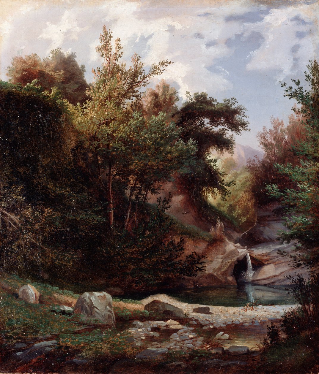 Krajina přírody, podrostu a potoka s vodopádem Malba Domenica Cambiasa (1811-1894) cca 1865 Rozměr 43,5x37 cm Genes, Galleria d