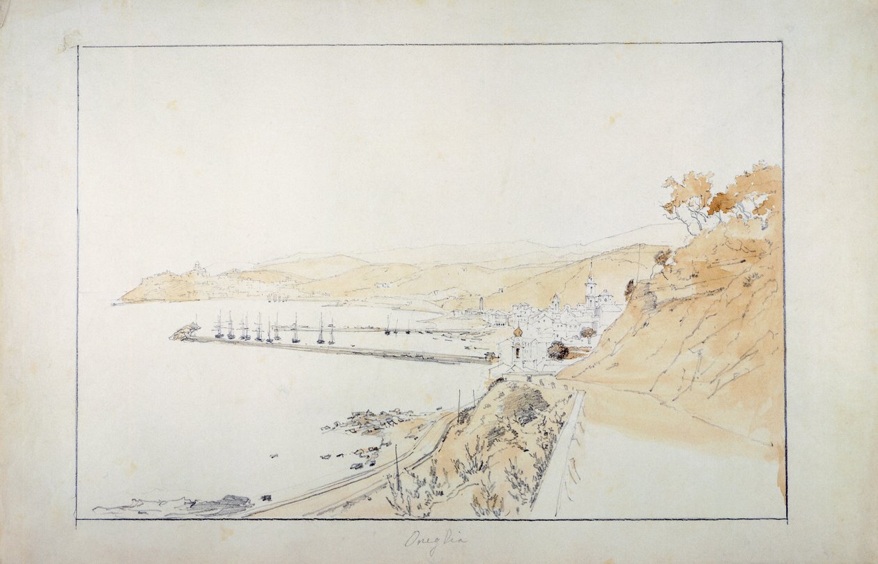 Porto Maurizio viděno z Oneglia, cca 1859, Pasquale Domenico Cambiaso (1811-1894), italská tužka a akvarel. od Domenico Cambiaso