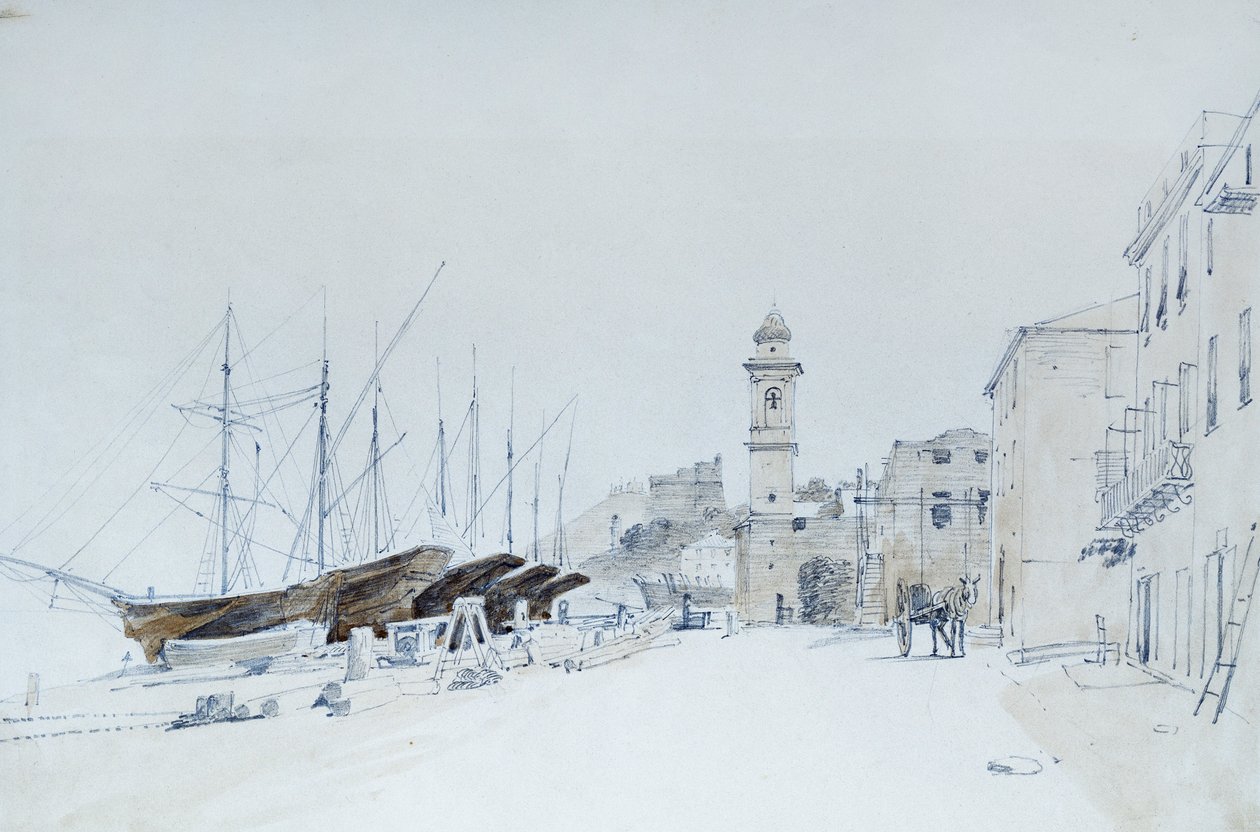 Näkymä aseista Taggiassa, noin 1860, kirjoittanut Pasquale Domenico Cambiaso (1811-1894), Italia Kynä ja akvarelli. od Domenico Cambiaso
