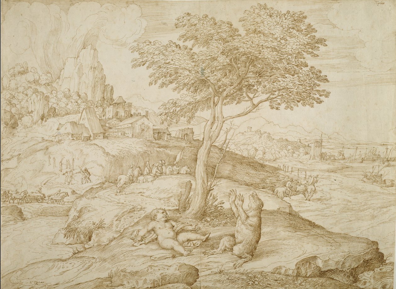 Přeměna Callistos v medvěda po porodu Arcas, kolem roku 1558 (pero a hnědý inkoust na krémovém papíře) od Domenico Campagnola