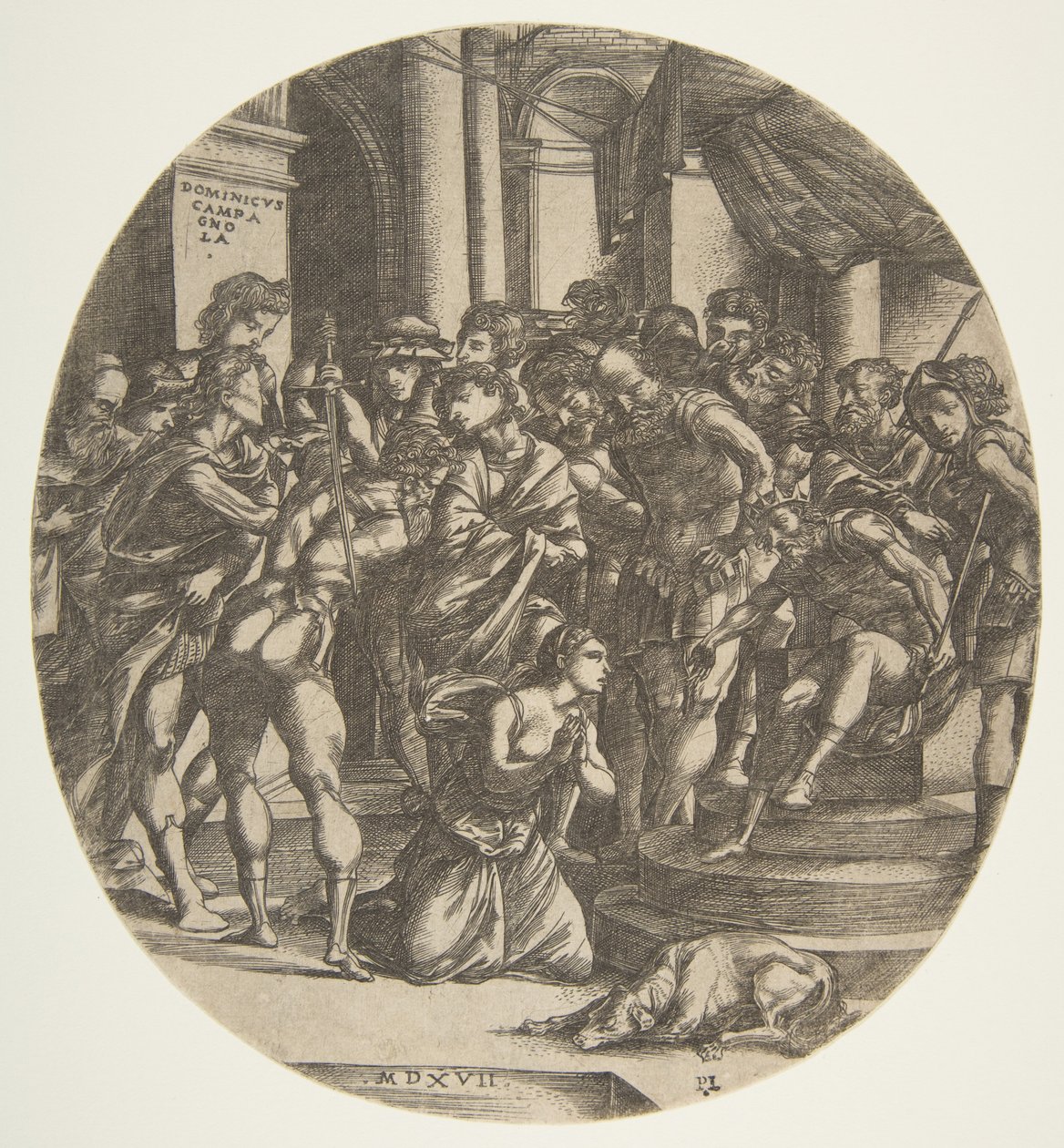 Ženská postava Svatá Kateřina klečící na zemi uprostřed prosící mužskou postavu..., 1517. od Domenico Campagnola