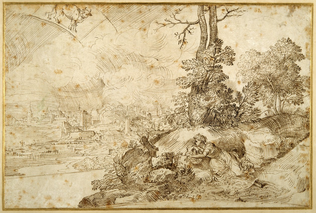 Krajina s astrologií (pero a hnědý inkoust na papíře) od Domenico Campagnola