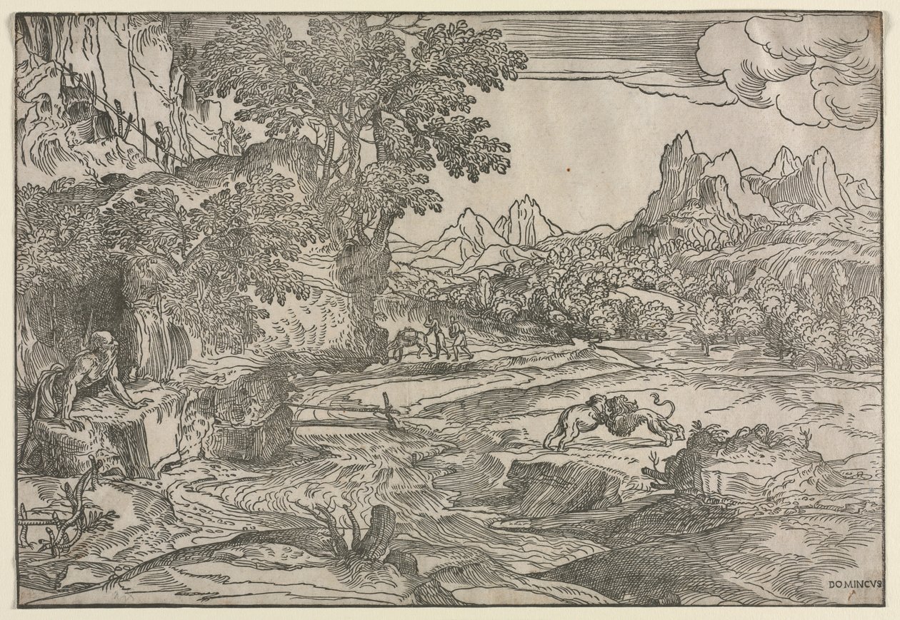 Krajina se svatým Jeronýmem a dvěma lvy, c. 1530-35. od Domenico Campagnola