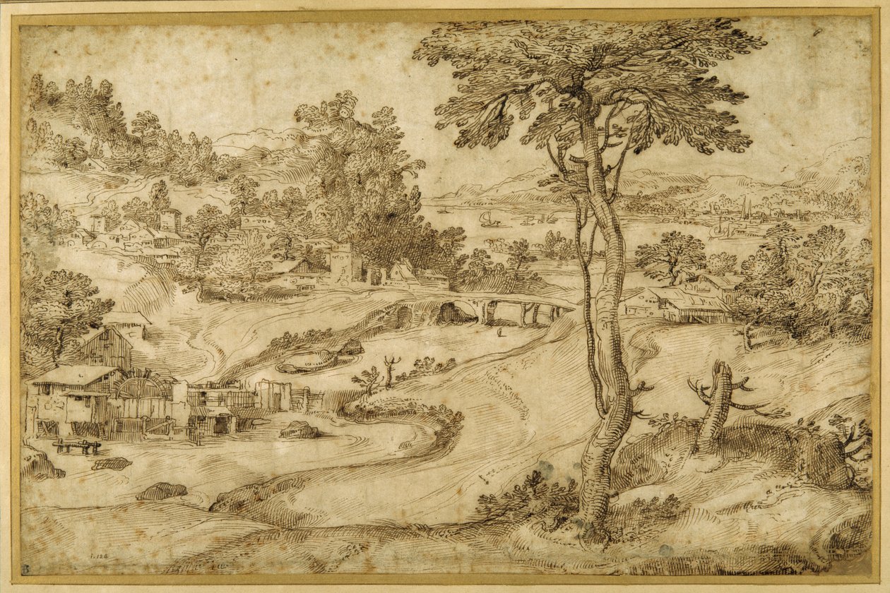 Krajina s klikatou řekou (pero a hnědý inkoust na bílém papíře) od Domenico Campagnola