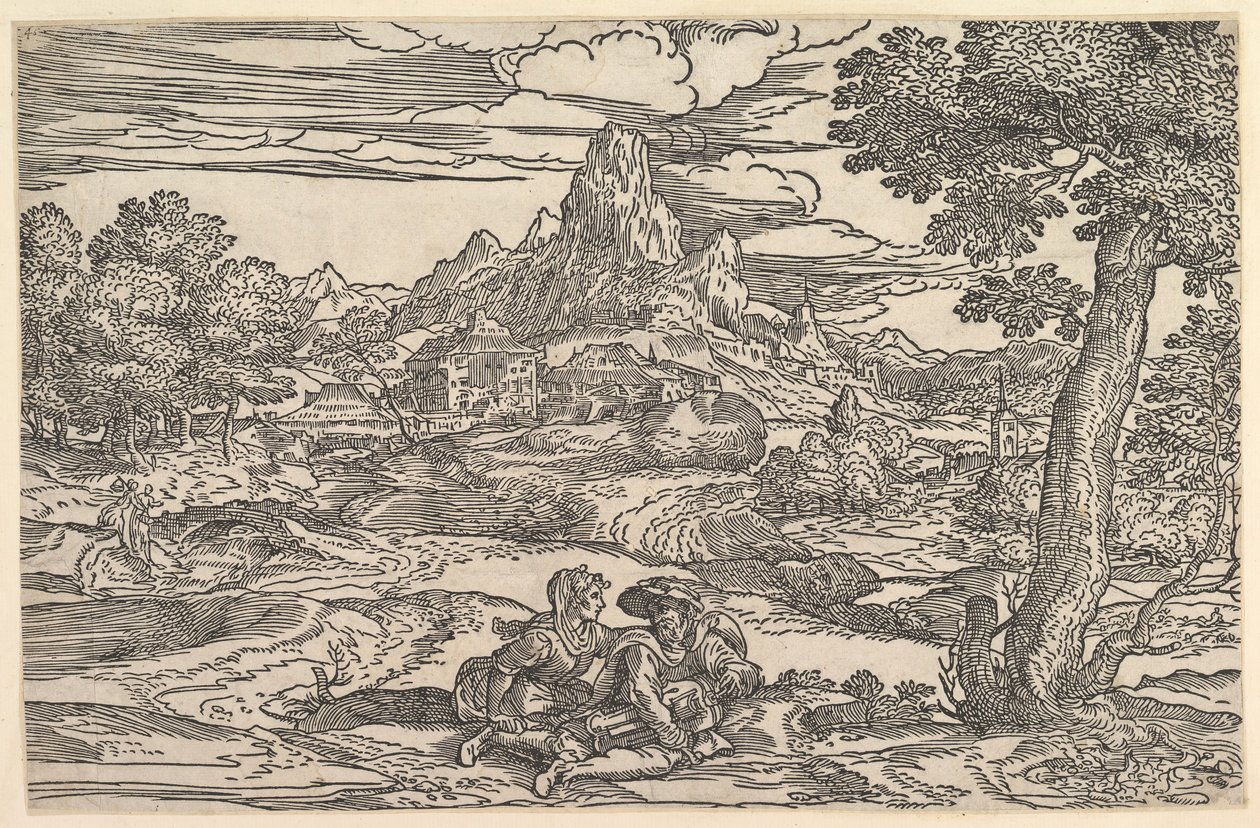 Krajina se ženou sedící vedle muže hrajícího na hurdisku, ca. 1540. od Domenico Campagnola