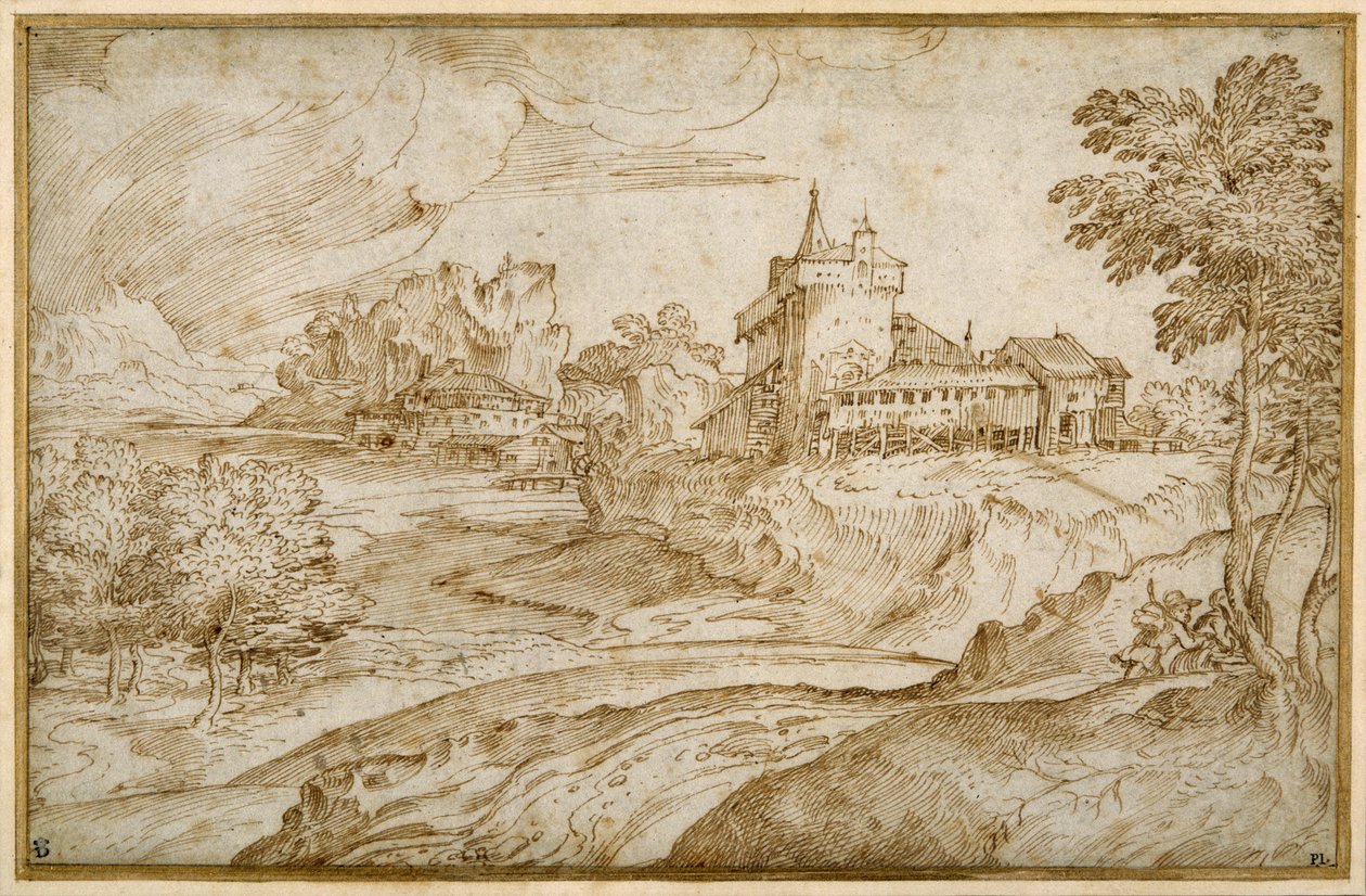 Hornatá krajina s hradem a dalšími budovami u řeky; muž spěchající se ženou, vpravo, kolem 1540 (pero a hnědý inkoust na bílém papíře) od Domenico Campagnola