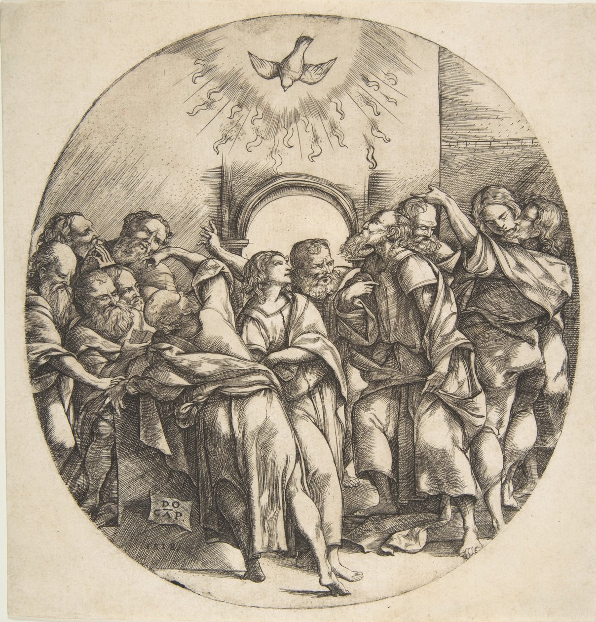Duch svatý jako pták sestupující s roztaženými křídly nahoře uprostřed, dvanáct apoštolů ..., 1518. od Domenico Campagnola