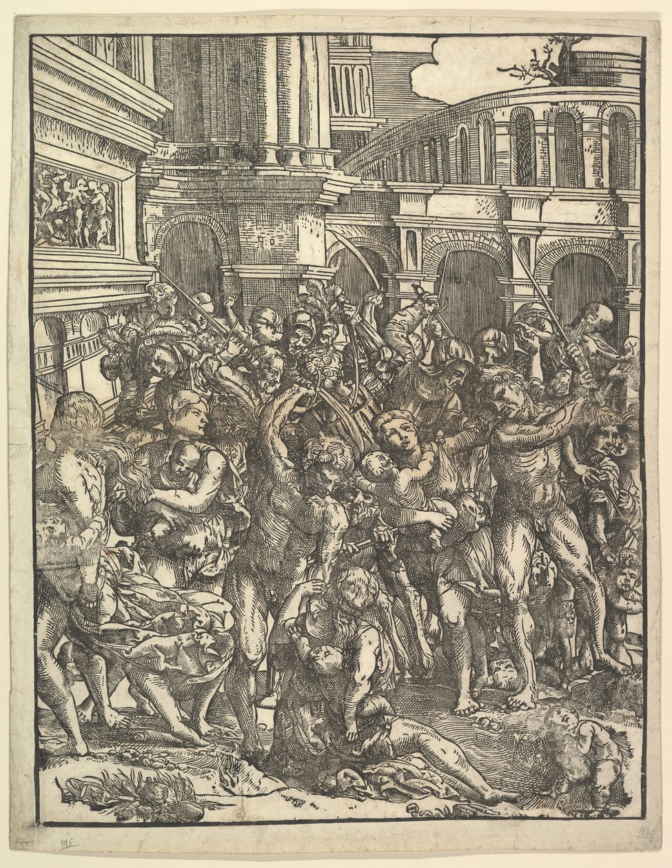 The Massacre of the Innocents Pravá strana se skupinou mužských postav útočících na ženy a ..., 1517. od Domenico Campagnola