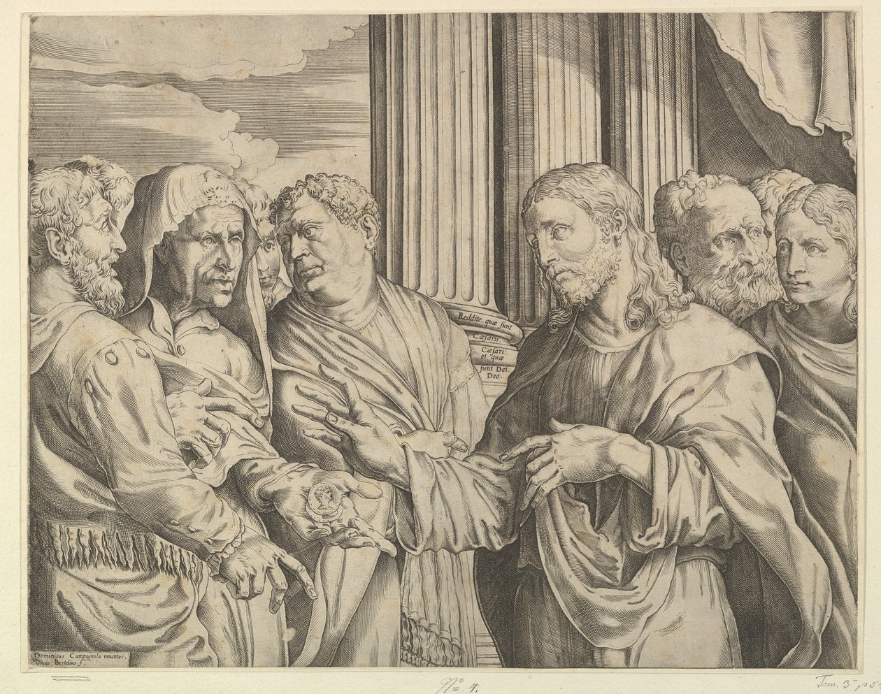 The Tribute Money: Kristus uprostřed vpravo ukazuje na muže po své levici s mincemi ..., ca. 1564-89. od Domenico Campagnola