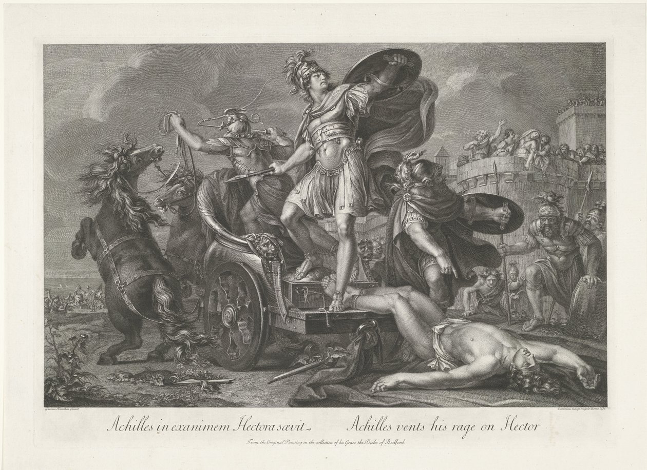 Achilles táhne Hectorovu mrtvolu za svým vozem Achilles in exanimem Hectora saevit / Achilles si vybíjí svůj vztek na Hectorovi (titul na předmětu) od Domenico Cunego