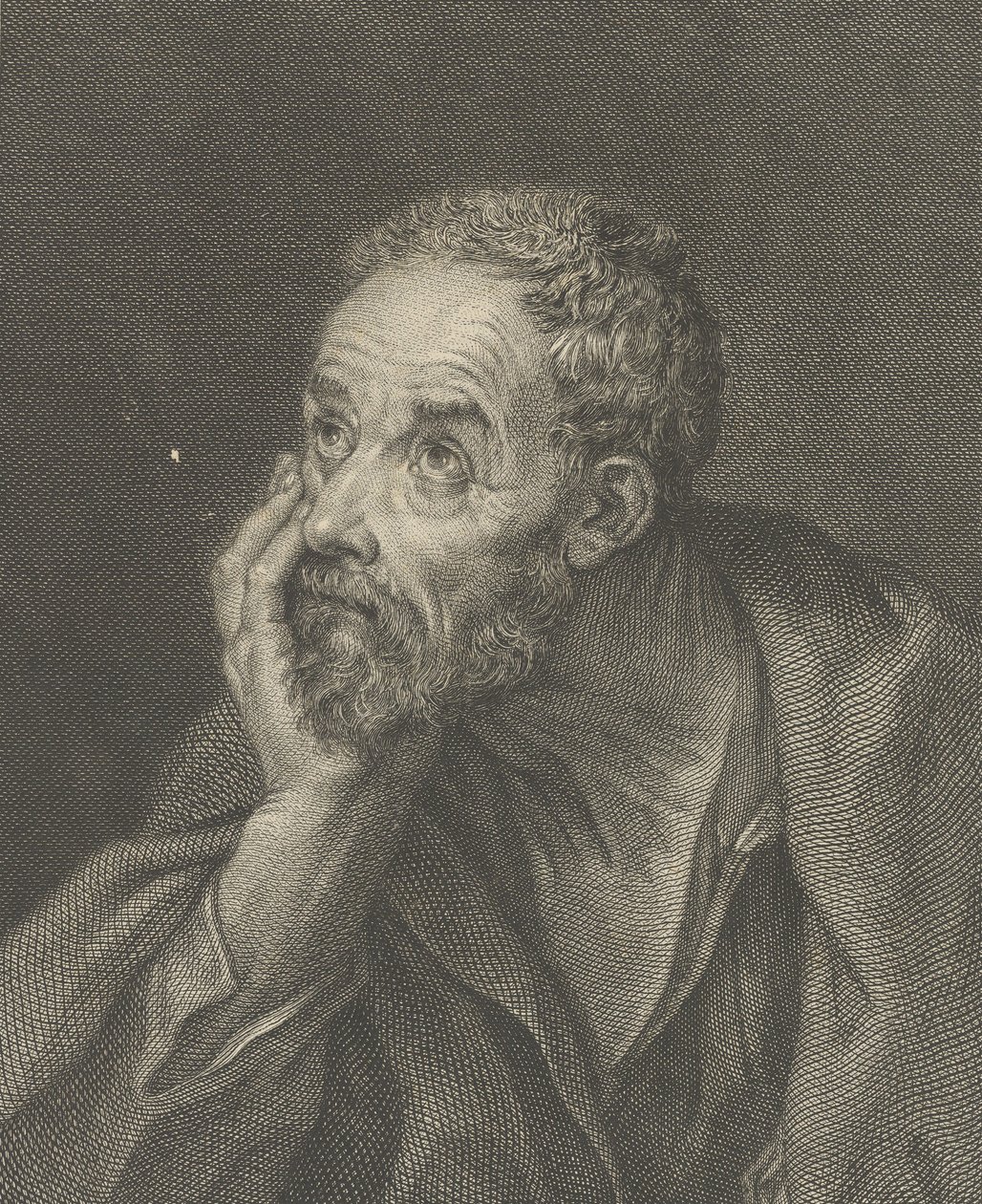 Starý vousatý muž opírající si hlavu o pravou ruku a hledící nahoru doleva, dozadu..., 1775. od Domenico Cunego