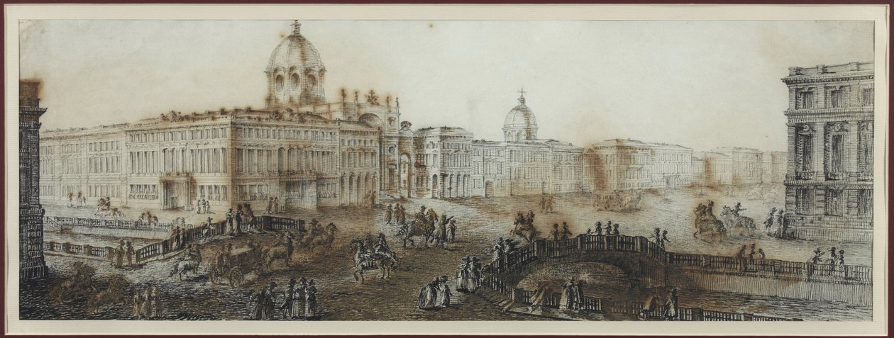 Něvský prospekt (perspektiva Něvského) poblíž Katherinského kanálu v Petrohradě - Domenico Felice Lamoni (1745-1830). Akvarel a bílá barva na papíře, po roce 1782. Státní muzeum historie Petrohradu od Domenico Felice Lamoni