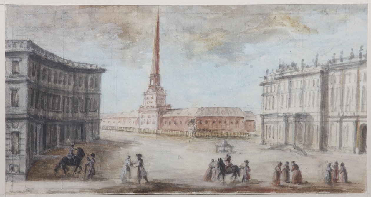 Palácové náměstí v Petrohradě - Domenico Felice Lamoni (1745-1830). Akvarel a bílá barva na papíře, konec 80. let 18. století. Státní muzeum historie Petrohradu od Domenico Felice Lamoni