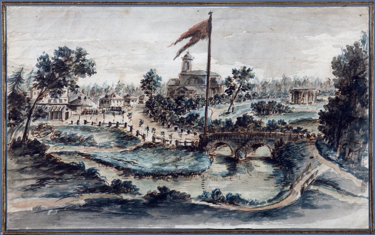 Pohled na park Pavlovsk s nemocnicí svaté Máří Magdaleny, c.1783 (wc na papíře) od Domenico Felice Lamoni