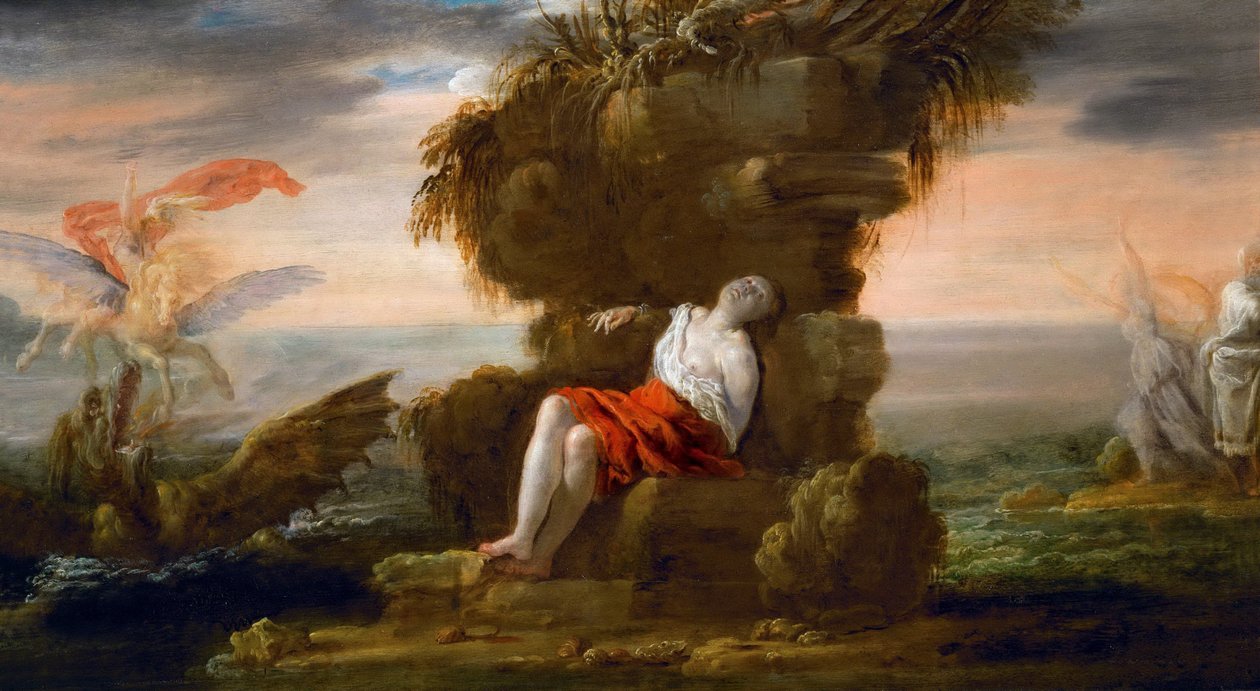 Baroko : Persee osvobozující Andromeda - Perseus osvobozující Andromeda par Fetti, Domenico (1588/90-1623), c. 1621. Olej na dřevě, 40,5x72,5. Uměleckohistorické muzeum, Vienne od Domenico Fetti or Feti