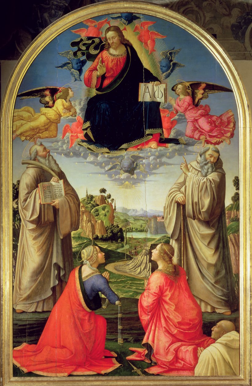 Kristus ve slávě se svatým Benediktem (asi 480-547), svatým Romualdem (asi 952-1027), svatým Attiniem, svatou Grecinií a dárcem, opatem Buonvicinim, 1492 (deska) (detail viz 85138) od Domenico Ghirlandaio