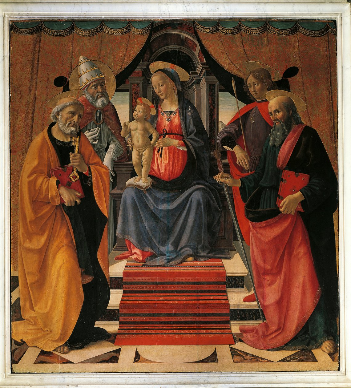 Svatý rozhovor. Panna Maria a Ježíš Kristus obklopeni sv. Petrem, sv. Pavlem, sv. Šebestiánem a papežem sv. Klimentem (obraz od Domenico Ghirlandaio