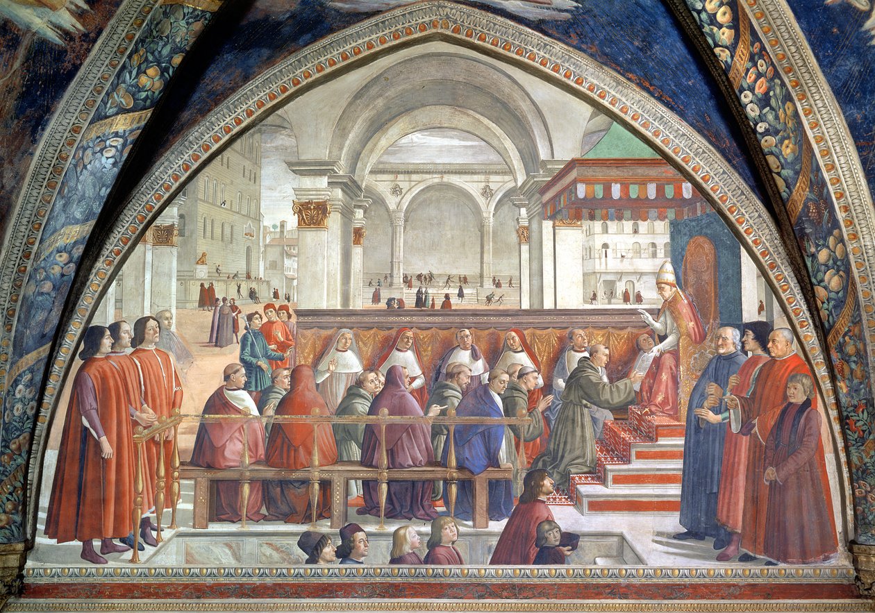 Svatý František přebírá řeholi od papeže Honoria, scéna z cyklu Život sv. Františka z Assisi, 1486 (viz také 52660 a 176888) od Domenico Ghirlandaio