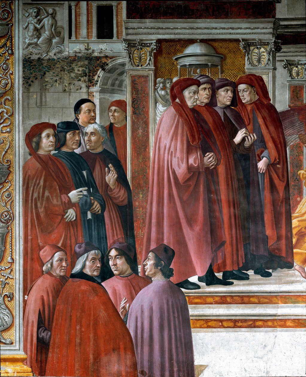 Oznámení učiněné v Zechariah (Zaccharia) Níže vlevo jsou myslitelé a intelektuálové Marsile Ficin (Ficino), Cristoforo Landino, Angelo Poliziano a Demetrios Chalkondyles (Calcondila). Detail. Freska od Domenica di Tommaso Bigordi dit Ghirlandaio (14 od Domenico Ghirlandaio