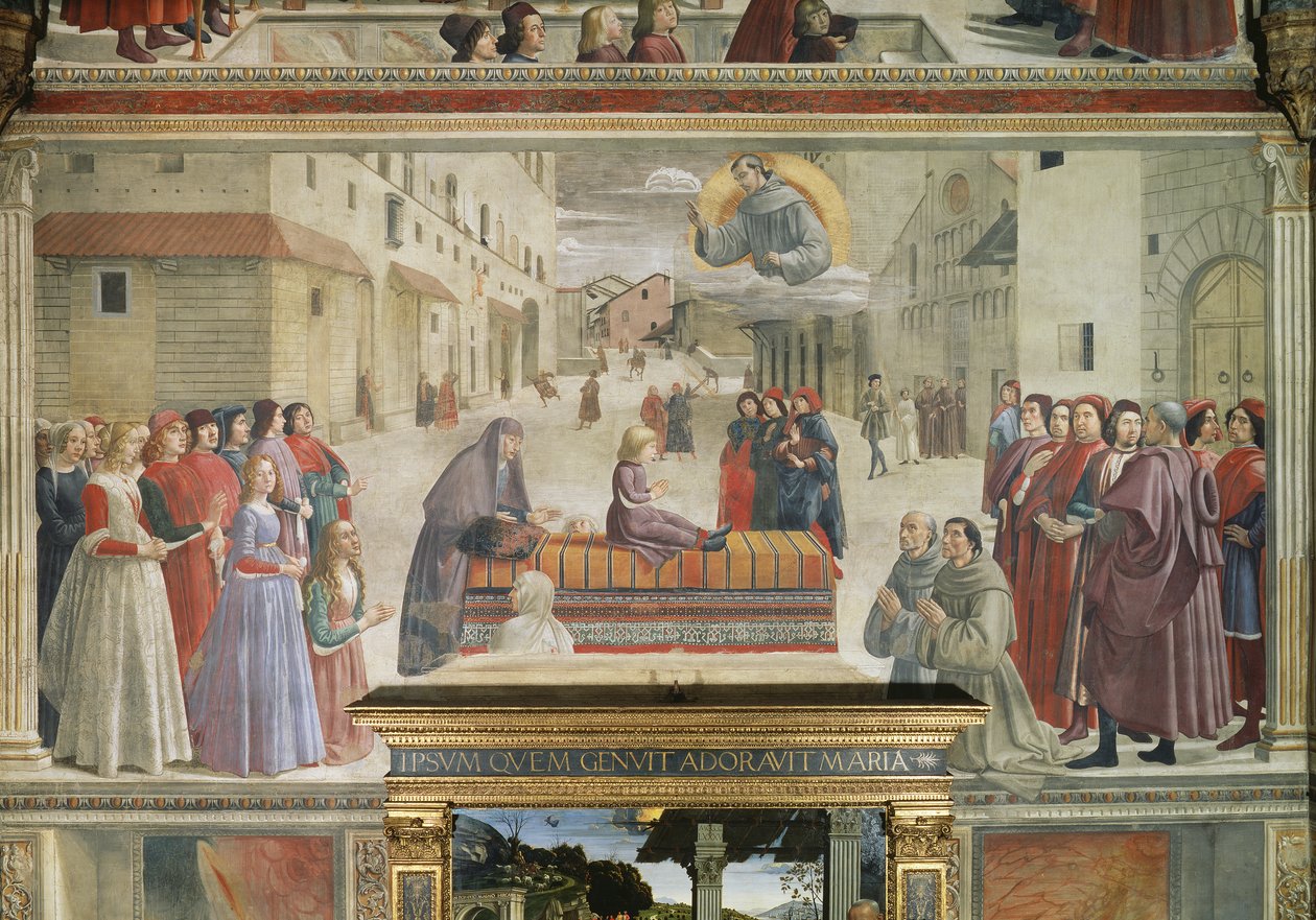 Zázrak chlapce přivedeného zpět k životu, scéna z cyklu Život svatého Františka z Assisi, 1486 detail fresky z 52660 od Domenico Ghirlandaio