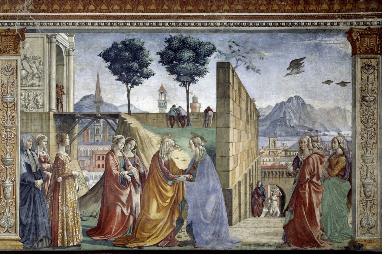 Příběh svatého Jana Křtitele: Jana, Navštívení. Freska, Domenico Ghirlandaio (1449-1494) od Domenico Ghirlandaio