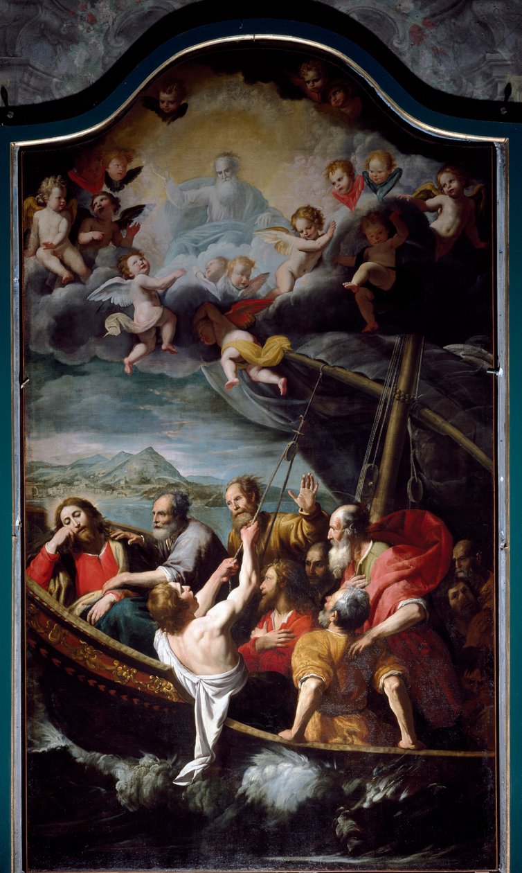 Svatý Mikuláš uklidňuje bouři. Obraz Domenica Fiasella dit il Sarzana (1589-1669) Sestri Ponente, Kostel Santa Maria dell