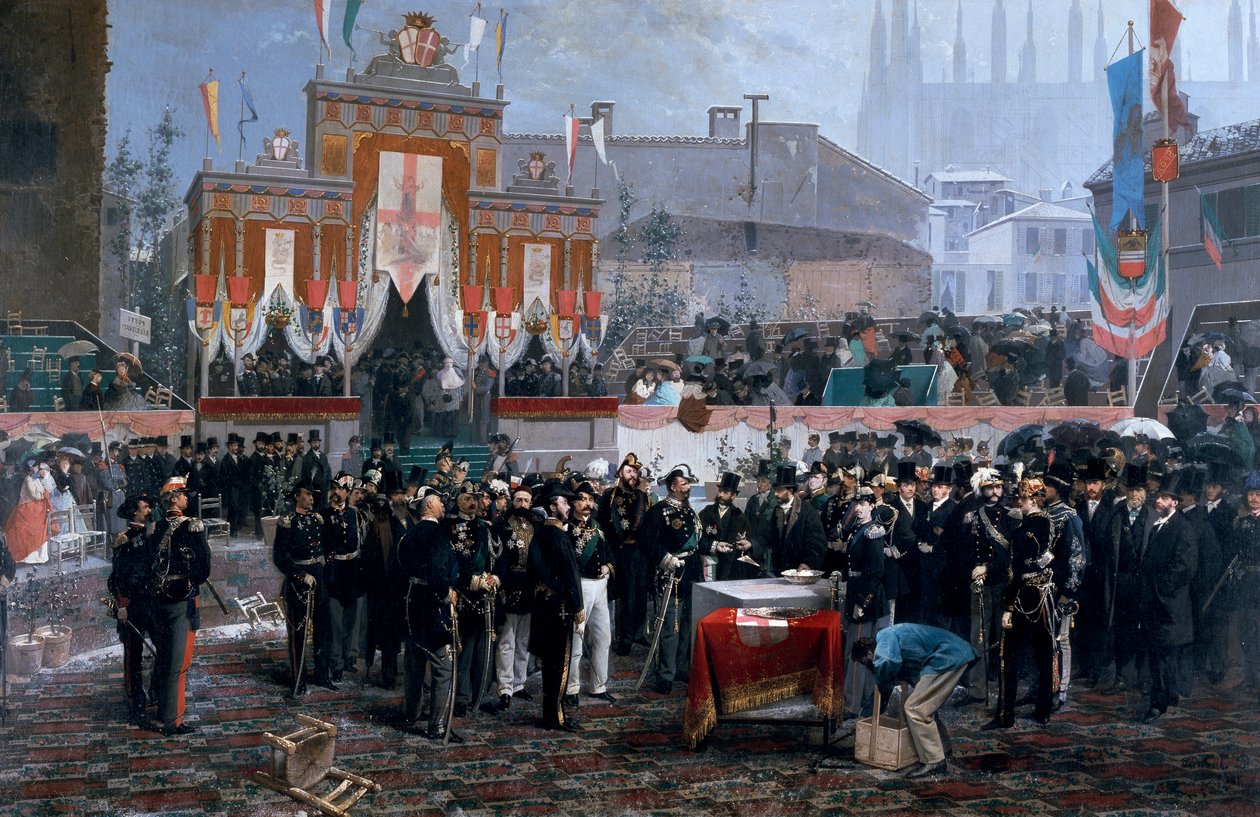 Slavnostní položení základního kamene Galleria Victor Emmanuel II v Miláně, 7. března od Domenico Induno