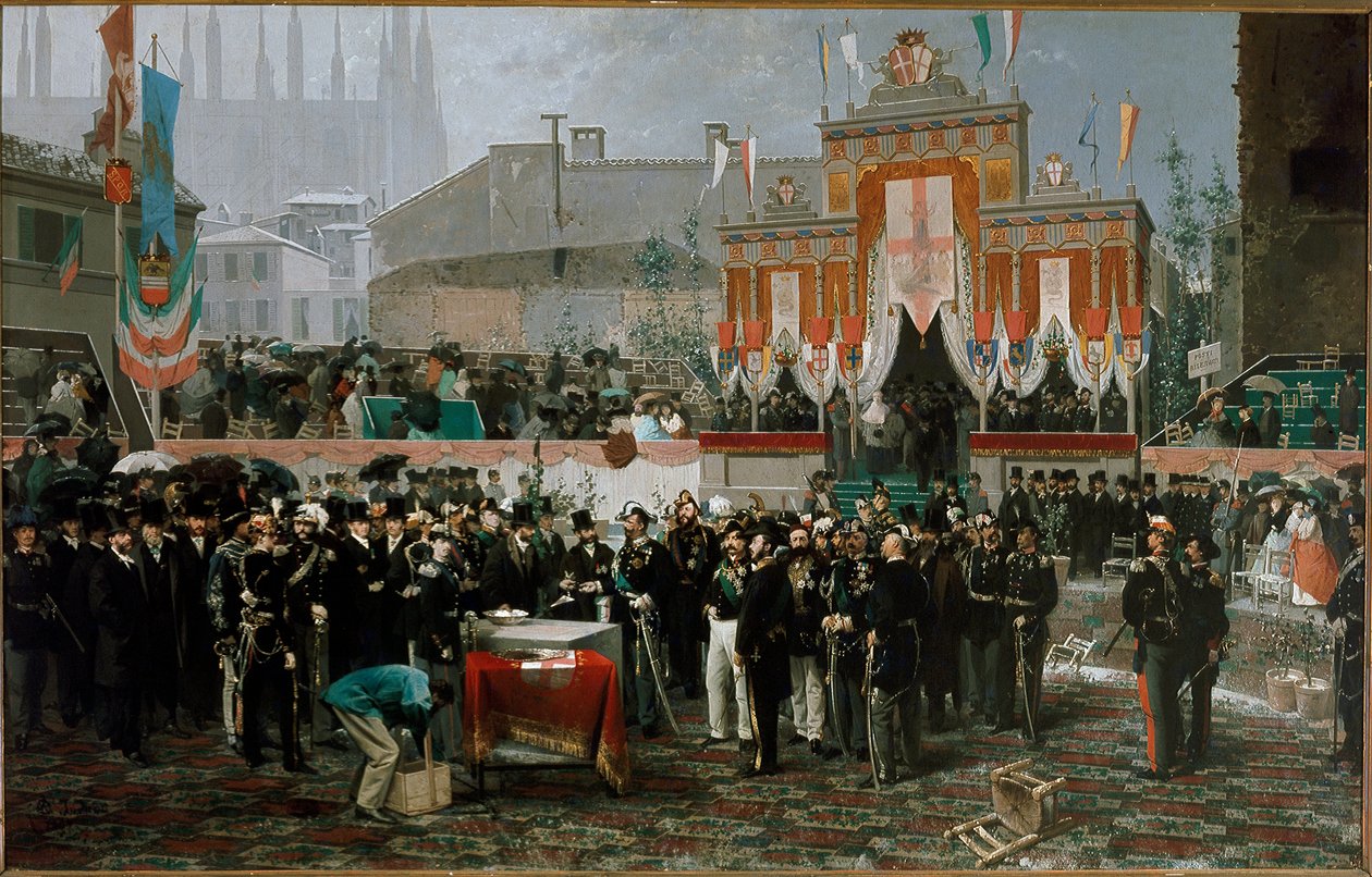 Ceremoniál pro základní kámen galerie Vittorio Emanuele II. 7. března 1865 (olej na dřevě od Domenico Induno
