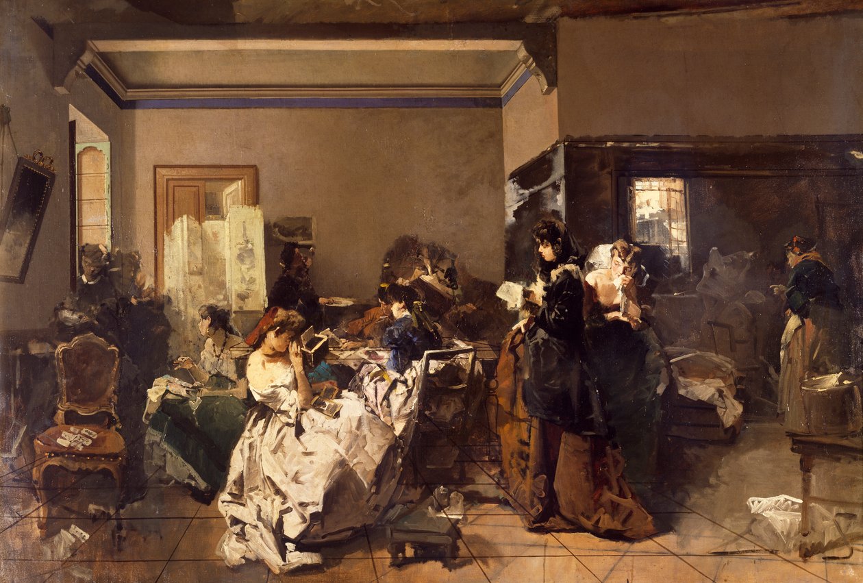 Škola pro švadleny , Domenico Induno (1815-1878), olej na plátně od Domenico Induno