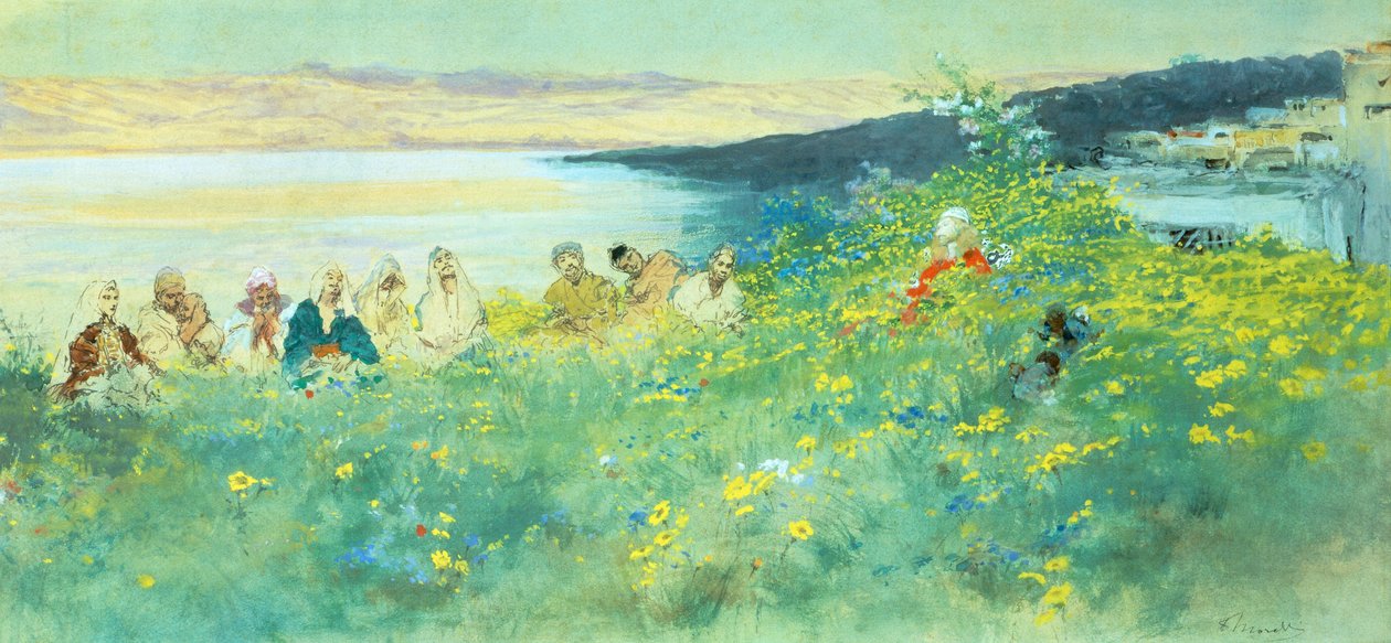 Dobré zprávy, Domenico Morelli (1826-1901), kvaš na papíře, 33x69 cm od Domenico Morelli