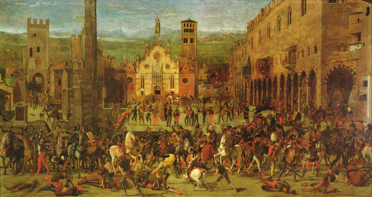 Vyhnání Bonacolsi Louisem Gonzagou v roce 1328 na náměstí Piazza Sordello v Mantově od Domenico Morone